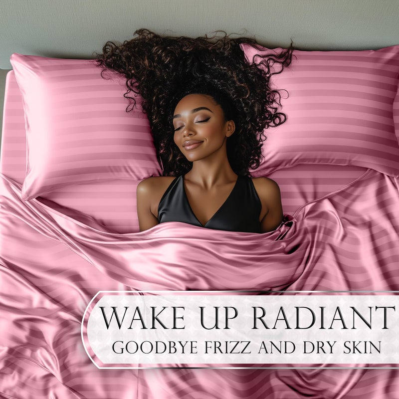DECOLURE Satin Bed Sheets - 4 Piece Luxury Silky Queen Size Bedding Set - Softer Than Silk, Wrinkle-Free with 15â€ Deep Pocket Fitted Sheet, Perfect for Hair & Skin, Gifts for Women (Striped Pink) - Image 4