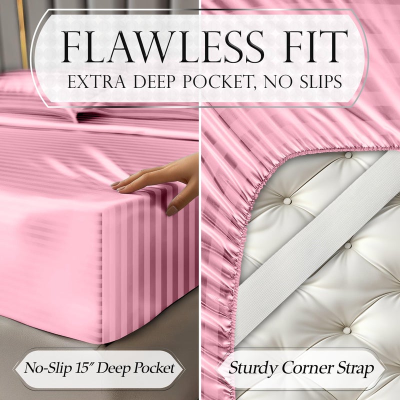 DECOLURE Satin Bed Sheets - 4 Piece Luxury Silky Queen Size Bedding Set - Softer Than Silk, Wrinkle-Free with 15â€ Deep Pocket Fitted Sheet, Perfect for Hair & Skin, Gifts for Women (Striped Pink) - Image 5