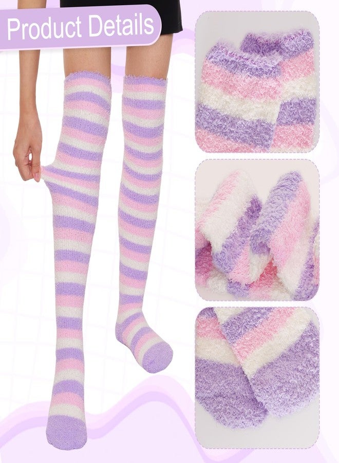 Fumwase 2Pairs Womens Over Knee Fuzzy Socks Cute Coral Fleece Thigh High Warm Stripe Leg Warmers for Winter Christmas - Image 3