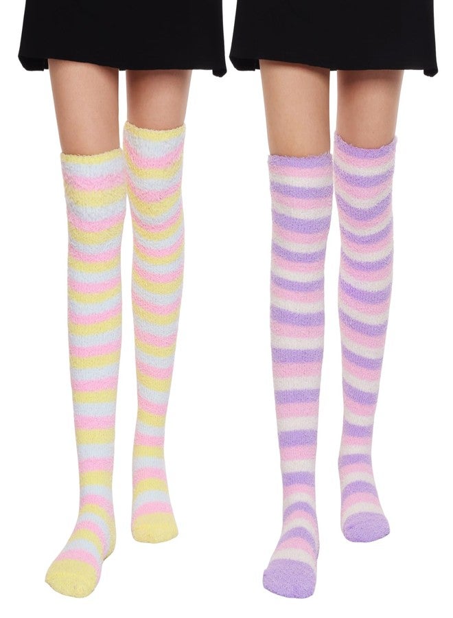 Fumwase 2Pairs Womens Over Knee Fuzzy Socks Cute Coral Fleece Thigh High Warm Stripe Leg Warmers for Winter Christmas - Image 1