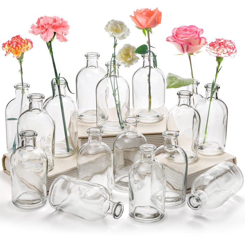 YOUEON 16 Pack Clear Glass Bud Vases Small Bud Vases in Bulk Glass Flower Vases for Centerpieces Vintage Decorative Bottle Vases for Flowers Home Decor Wedding Reception Office