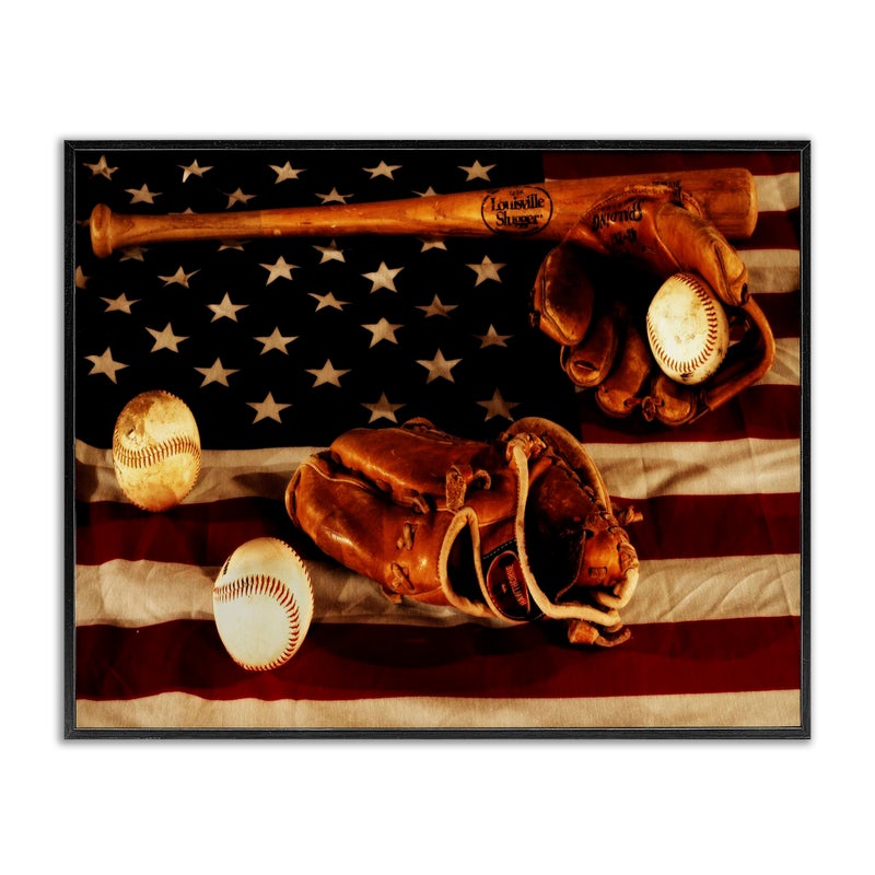 Stupell Industries Vintage American Flag Baseball Sports Rustic Photo