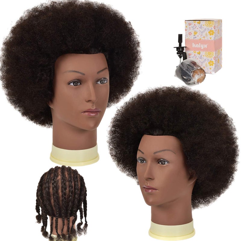 Kalyx African American Mannequin Head with 100 Human Hair Kinky Curly Hair Hairdresser Practice Styling Training Head Cosmetology Manikin Doll Head for Dye Cutting Braiding with Free ClampBZT9