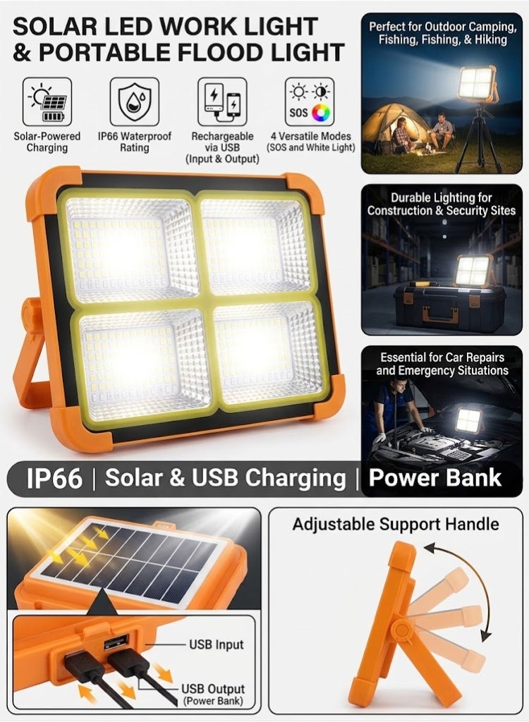 مصباح عمل LED شمسي ومصباح كشاف محمول، IP66 قابل لإعادة الشحن USB بنك طاقة، 4 أوضاع إضاءة أمنية لمواقع العمل للتخييم في الهواء الطلق، صيد الأسماك، المشي لمسافات طويلة، إصلاح السيارات والطوارئ - Image 1