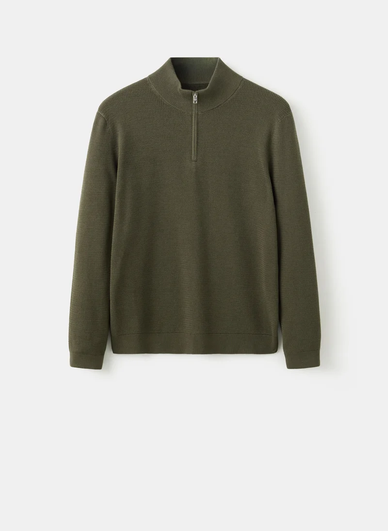 Mango Man  Fine-knit cotton-blend jersey with textured zip-up fastening for Men | Best Price UAE