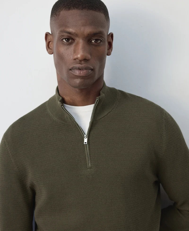 Mango Man  Fine-knit cotton-blend jersey with textured zip-up fastening for Men | Best Price UAE