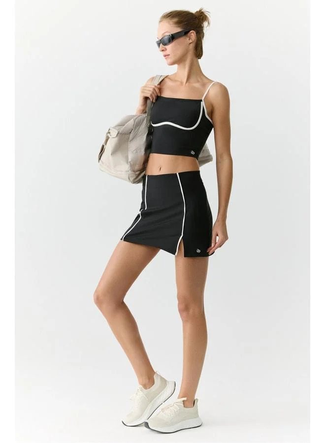 Maria Women’s Soft Black Skirt with Stripe Piping Detail and Side Slit.