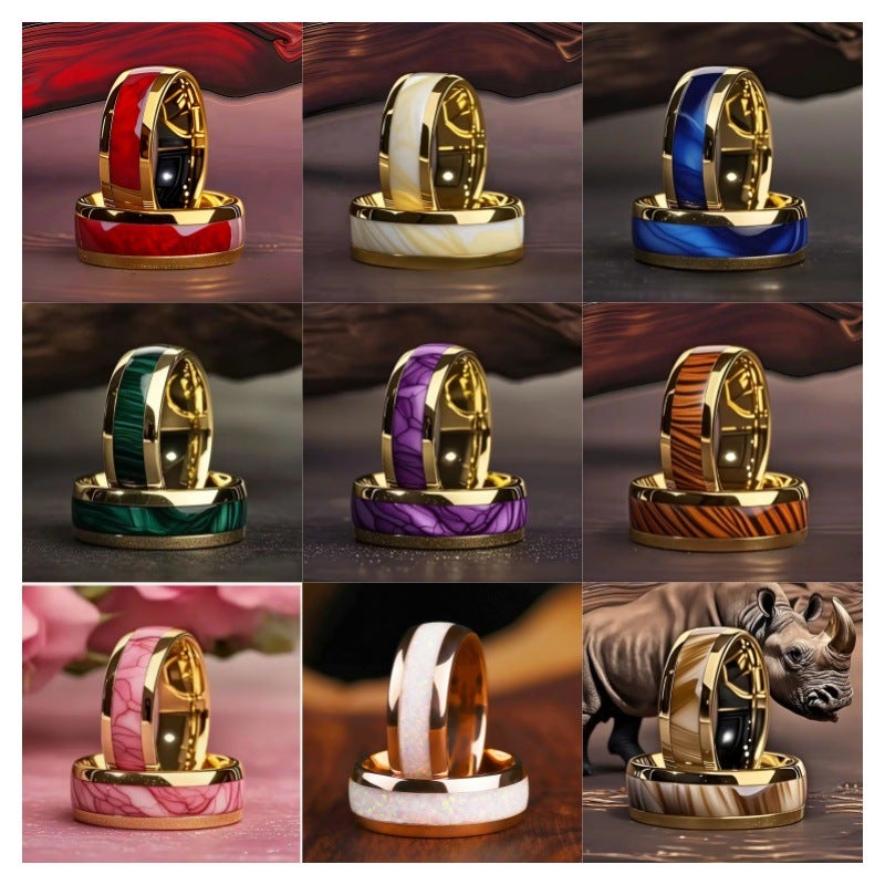 8mm Stainless Steel Ring with Floral Design - Gold Base, Multi-Color Options for Men & Women - Image 2