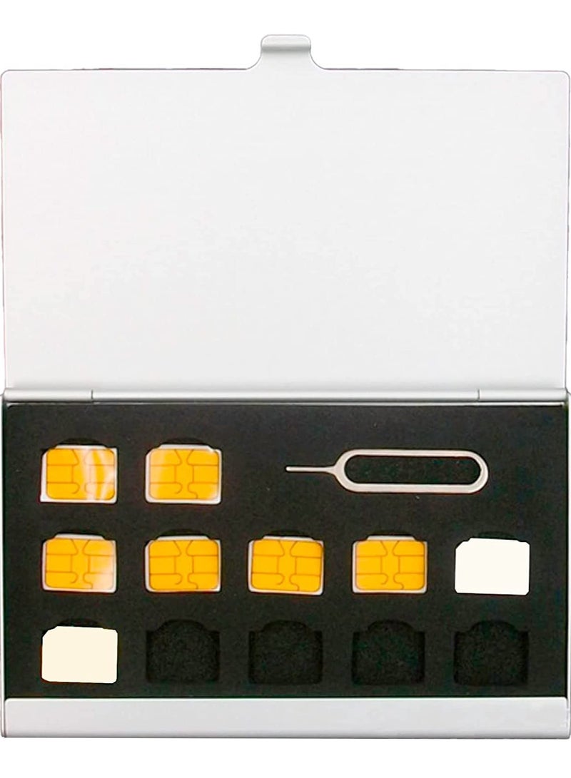 erorex Aluminum Sim Card Case Fit for 12 Nano Sim Card and 1 Cell Phone Eject Pin Slots Universal Waterproof Slim Mini Sim Card Slots Storage Case Silver - Image 2