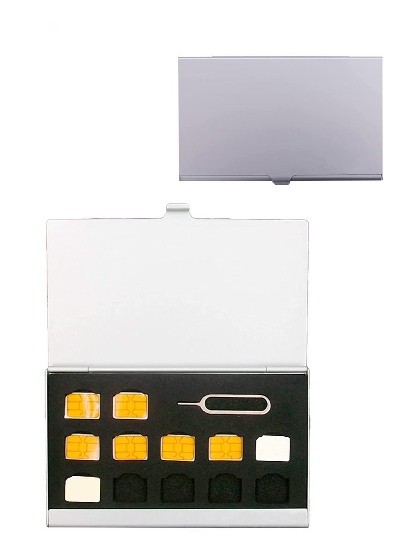 erorex Aluminum Sim Card Case Fit for 12 Nano Sim Card and 1 Cell Phone Eject Pin Slots Universal Waterproof Slim Mini Sim Card Slots Storage Case Silver - Image 1