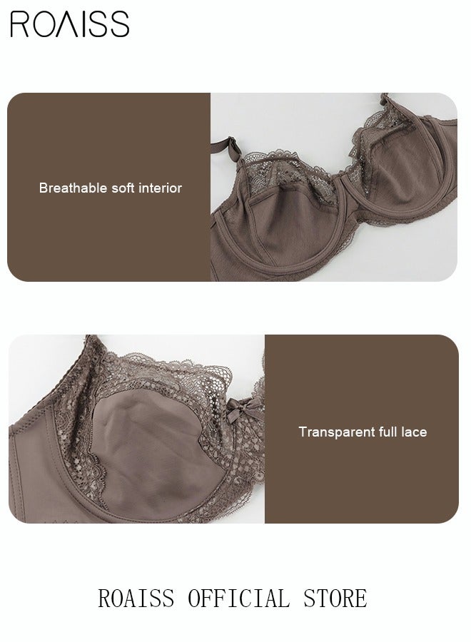 roaiss Plus Size Women's Lace Bra Push Up Daily Underwire Ultra Thin Three-quarter Cup Bras Leisure Comfort Soft Breathable Underwear Lingerie Brown  - Image 3