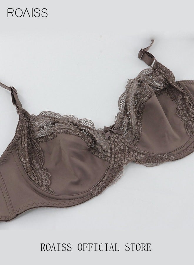 roaiss Plus Size Women's Lace Bra Push Up Daily Underwire Ultra Thin Three-quarter Cup Bras Leisure Comfort Soft Breathable Underwear Lingerie Brown  - Image 1