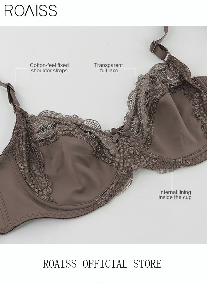roaiss Plus Size Women's Lace Bra Push Up Daily Underwire Ultra Thin Three-quarter Cup Bras Leisure Comfort Soft Breathable Underwear Lingerie Brown  - Image 2