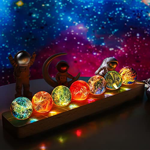 KRISININE 7 Chakra Natural Healing Spheres with LED Wooden Stand 40mm Crystal Quartz Stones for Meditation Positive Energy Night Light Decoration Balls Set for Home - Image 1