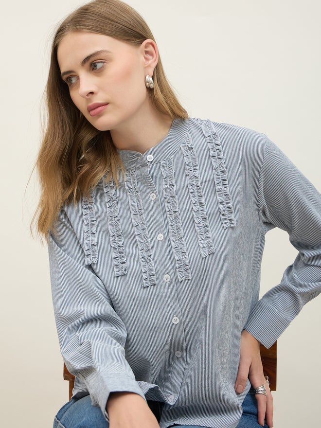 Styli Styli Striped Regular Fit Mandarin Collar Shirt  - Image 4