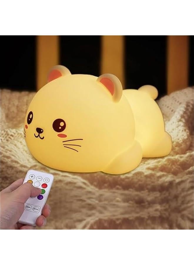 مصباح ليلي للأطفال، ضوء قط لطيف من السيليكون مسطح للرضع والأطفال الصغار، مصباح LED حيواني مزخرف قابل للشحن مع جهاز تحكم عن بعد، مصباح محمول هدايا عيد ميلاد كاواي - Image 1