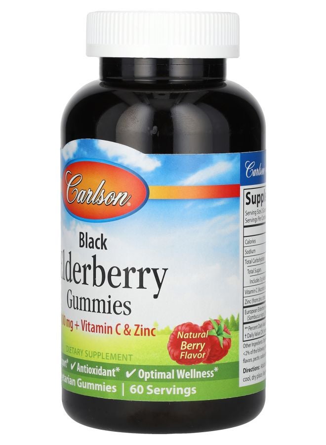 Carlson Black Elderberry Gummies + Vitamin C & Zinc Natural Berry 120 Vegetarian Gummies - Image 2