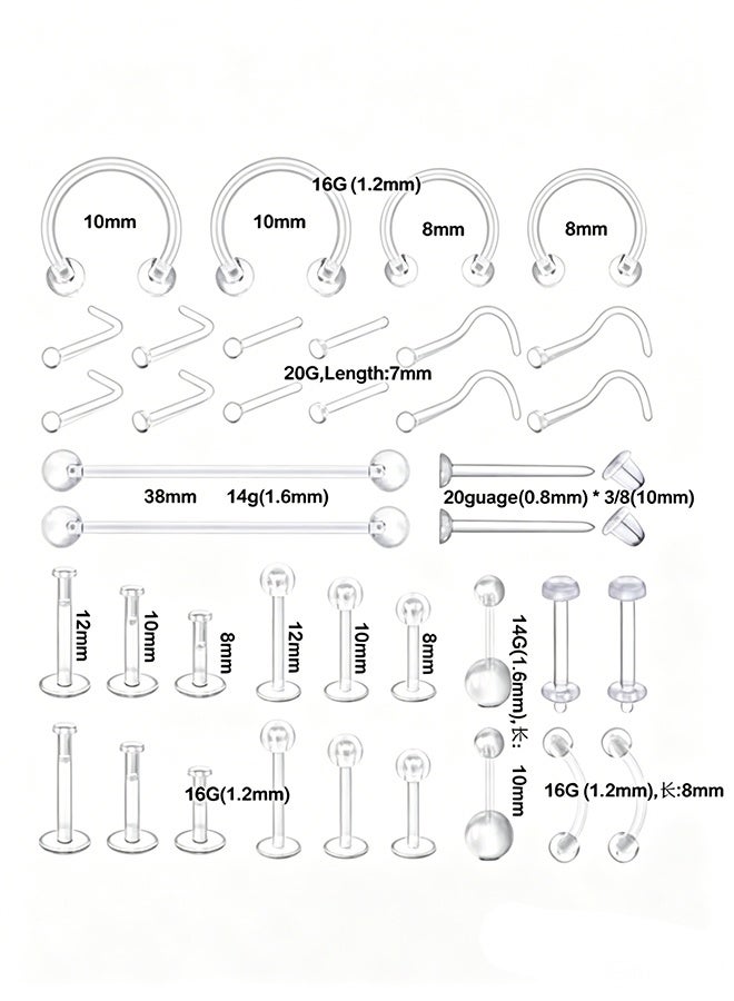 60pcs Clear Piercing Retainers for Surgery Bioflex Nose Rings Belly Rings Septum Eyebrow Lip Cartilage Tragus Earring Retainer Industrial Bar Plastic Piercing Jewelry for Work - Image 2