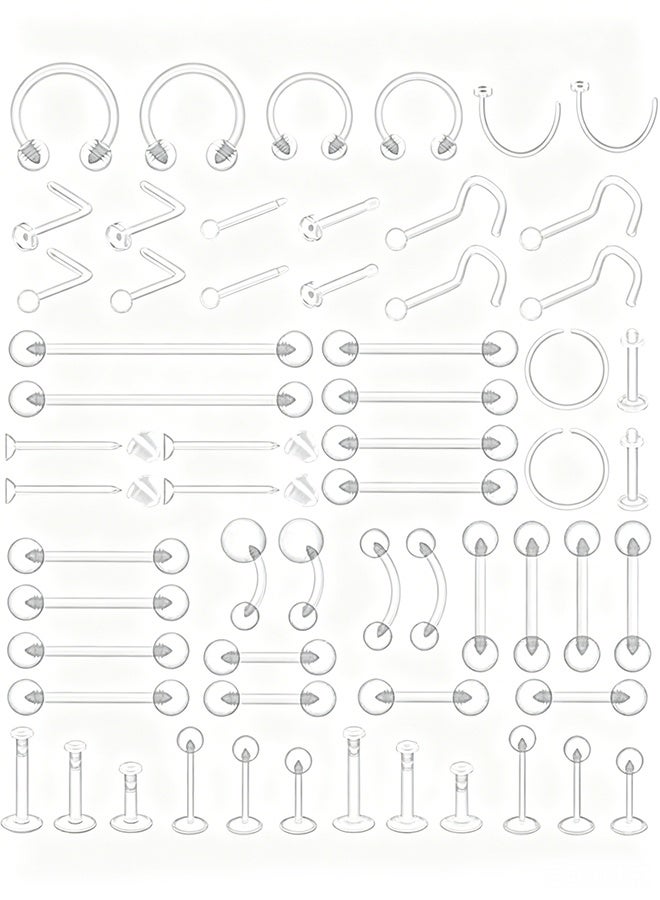 60pcs Clear Piercing Retainers for Surgery Bioflex Nose Rings Belly Rings Septum Eyebrow Lip Cartilage Tragus Earring Retainer Industrial Bar Plastic Piercing Jewelry for Work - Image 1