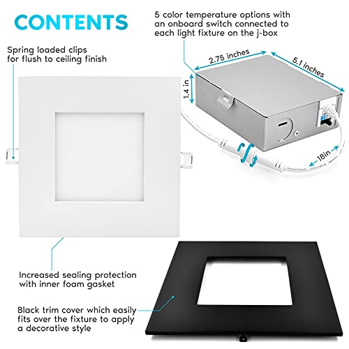 Luxrite 6 Inch Ultra Thin Square LED Recessed Lighting, 5 Color Options 2700K - 5000K, Dimmable LED Downlight, 12W, IC & Wet Rated, 1000 Lumens, Canless LED Recessed Light, Black Trim, ETL Listed - Image 3
