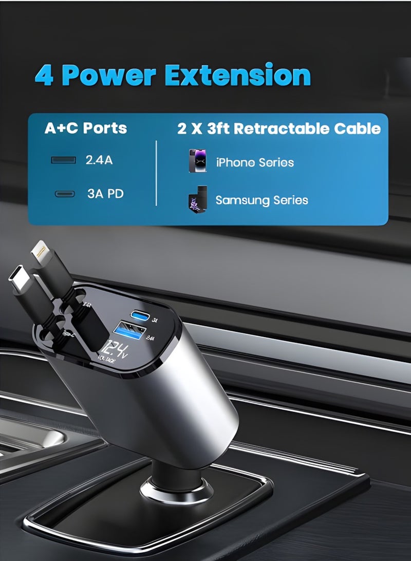12/24V 120W Fast Car Charger with Retractable Charging Cable Fast Car Power Adapter PD20W for iPhone Type C 40W Car Bluetooth USB Charger Plug with iPhone,Samsung,Galaxy,Huawei,Xiaomi  - Image 2