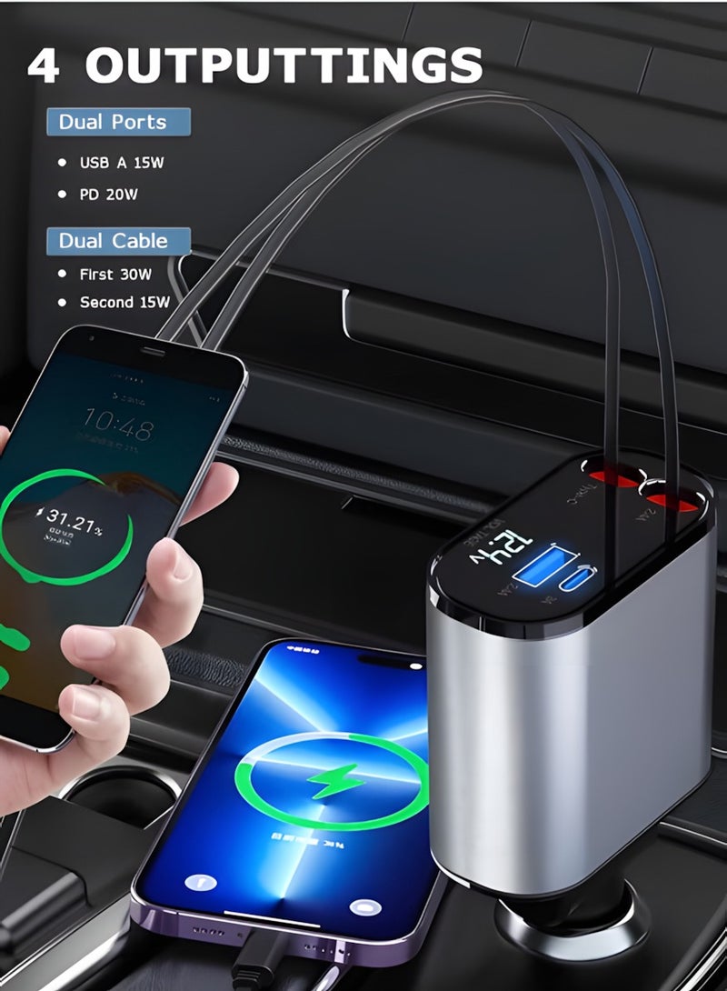 12/24V 120W Fast Car Charger with Retractable Charging Cable Fast Car Power Adapter PD20W for iPhone Type C 40W Car Bluetooth USB Charger Plug with iPhone,Samsung,Galaxy,Huawei,Xiaomi  - Image 4