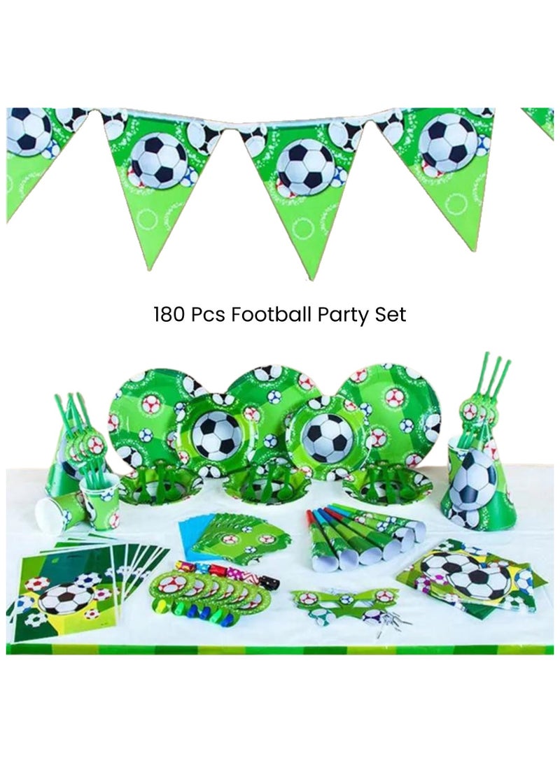 ريمي بيلا 180 قطعة لوازم حفلات اعياد الميلاد بتصميم فوتبول، مجموعة ادوات مائدة الكل في واحد تتضمن اطباق واكواب ومناديل ولافتة وما الى ذلك، لوازم حفلات بطابع فوتبول للفتيان - Image 2