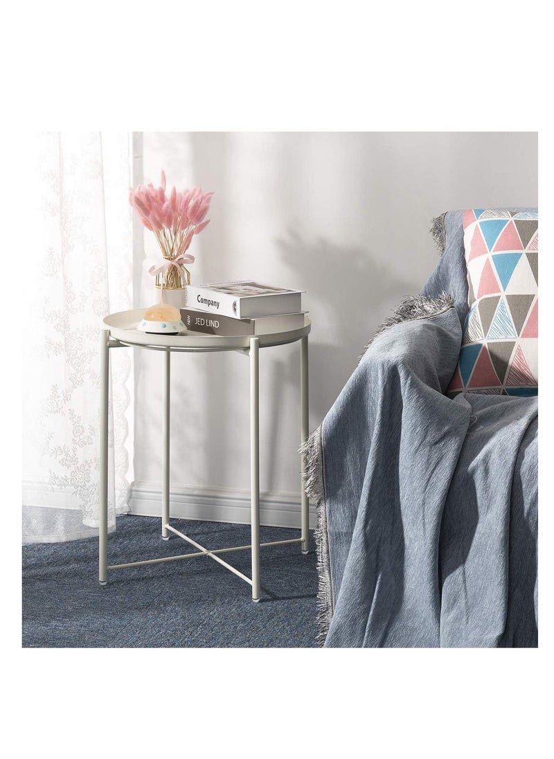 Generic White End Table, Outdoor White Side Table for Small Spaces Accent Patio Side Table Round Metal Coffee Table Waterproof Removable Tray Table Living Room Bedroom Balcony Office Milky White  - Image 1