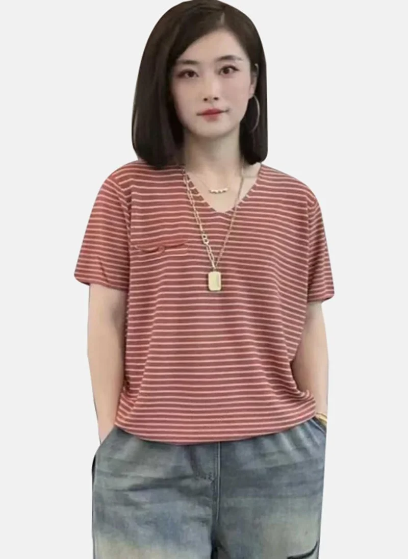 YUNIQEE Red Striped Short Sleeve V Neck T-Shirt