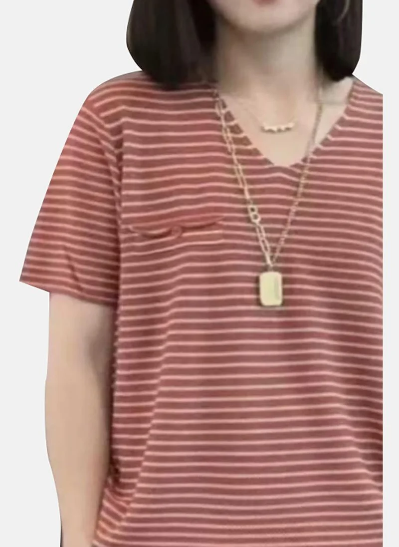 YUNIQEE Red Striped Short Sleeve V Neck T-Shirt