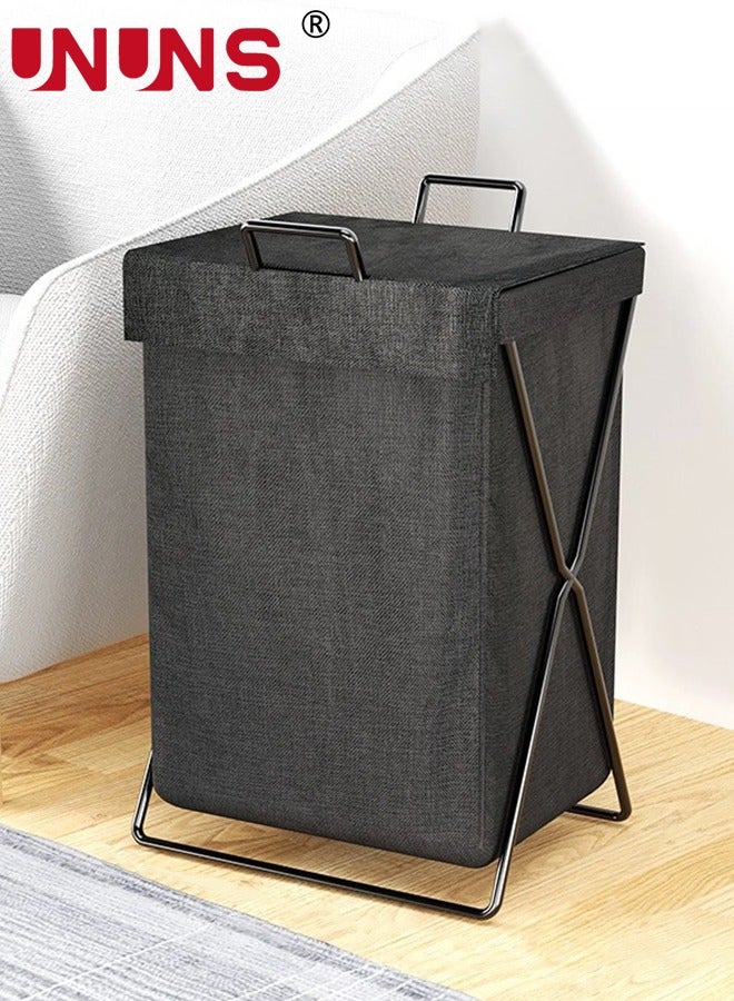 UNUNS Large Collapsible Laundry Basket Hamper with Handles and Lid, Heavy-Duty Frame Clothes Hampers X-Shaped Laundry Hamper Laundry Bag for Laundry, Bedroom, Dorm, Towels,Black - Image 1
