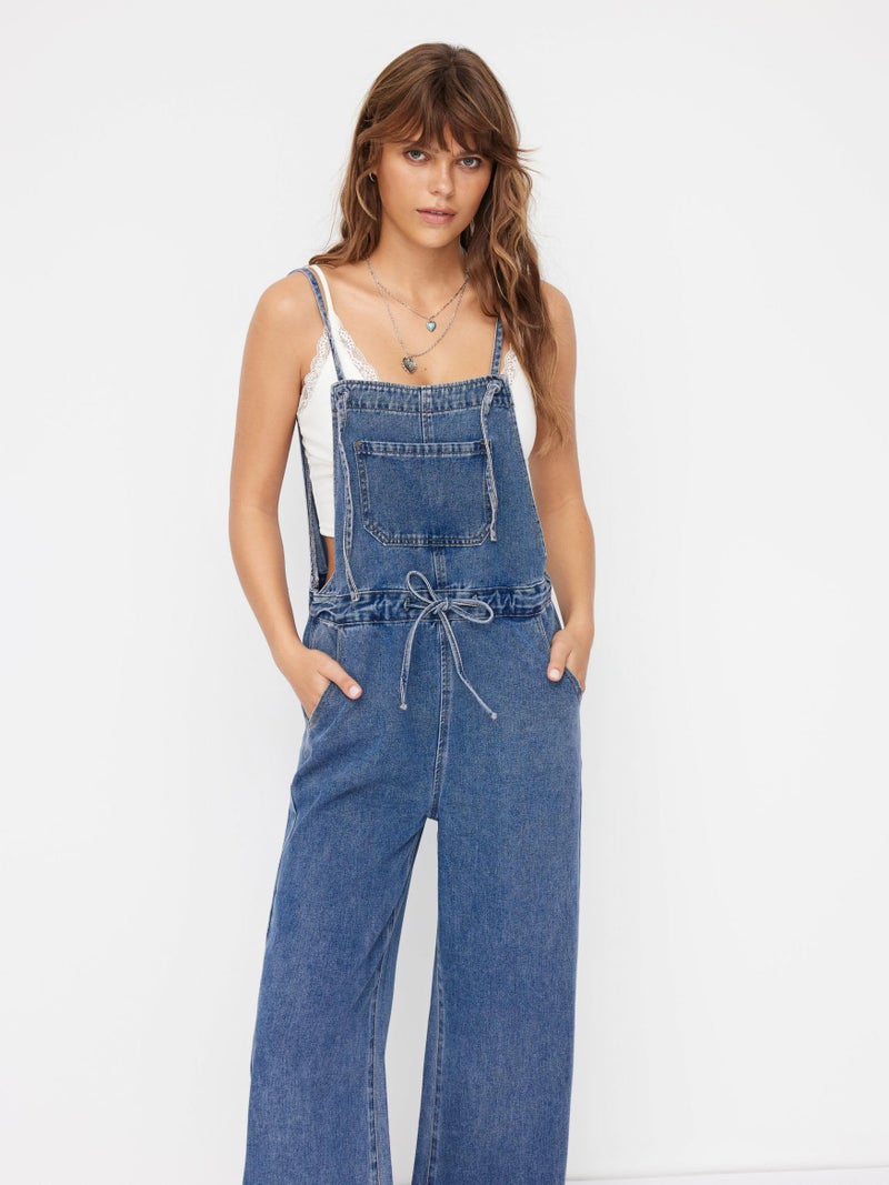 CIDER Denim Overalls for Women Loose Fit Bowknot Drawstring Wide Leg Jean Overalls with Adjustable Straps: Mid Blue, XL - Image 3