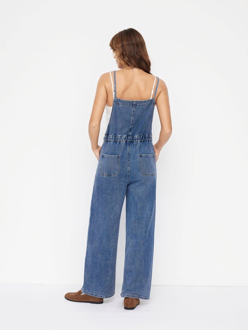 CIDER Denim Overalls for Women Loose Fit Bowknot Drawstring Wide Leg Jean Overalls with Adjustable Straps: Mid Blue, XL - Image 4