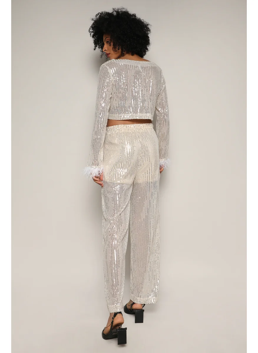 Campus Sutra Women's Beige Sheer Sequin Co-Ord Set