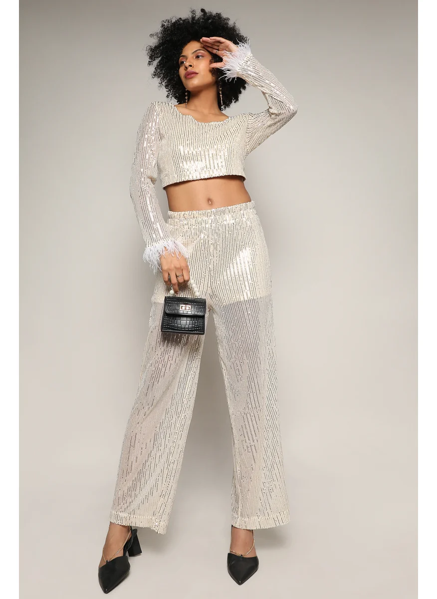 Campus Sutra Women's Beige Sheer Sequin Co-Ord Set