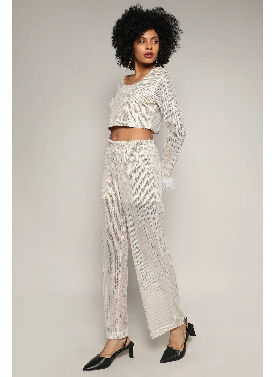 Campus Sutra Women's Beige Sheer Sequin Co-Ord Set