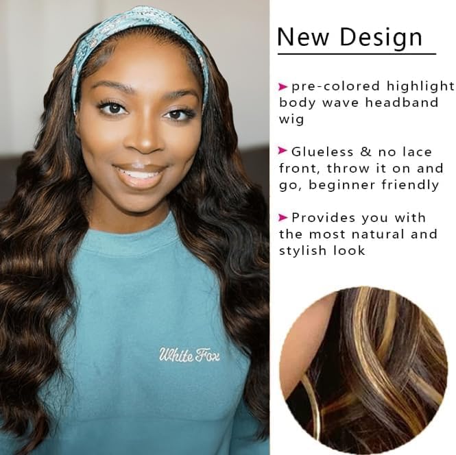 HighEr Ombre Headband Wig Human Hair #4/27 Highlight Body Wave Headband Wig 16 Inch Glueless None Lace Front Wig Brazilian Virgin Human Hair Wigs for Black Women Wear and Go Wig 150% Density - Image 5