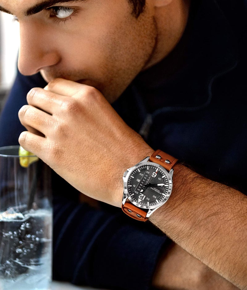 Stuhrling Original ساعة ستورلينغ الأصلية للرجال من الجلد - ساعة طيران، حزام جلد سريع الضبط مع تاريخ اليوم والعدد مع مسامير فولاذية - Image 5