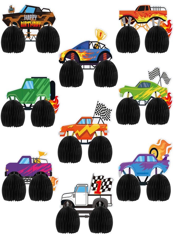 Chivertion 9 Pcs Monster Truck Birthday Party Decorations Honeycomb Car Ornaments Double Sided 3D Blaze Wheels Truck Themed Table Centerpiece for Kids Decor - Image 1
