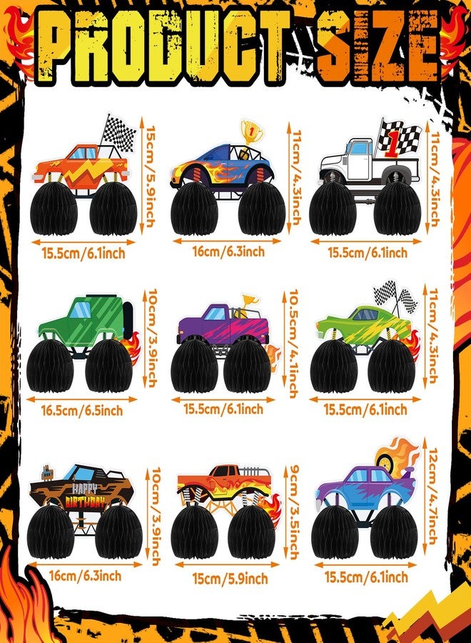 Chivertion 9 Pcs Monster Truck Birthday Party Decorations Honeycomb Car Ornaments Double Sided 3D Blaze Wheels Truck Themed Table Centerpiece for Kids Decor - Image 3
