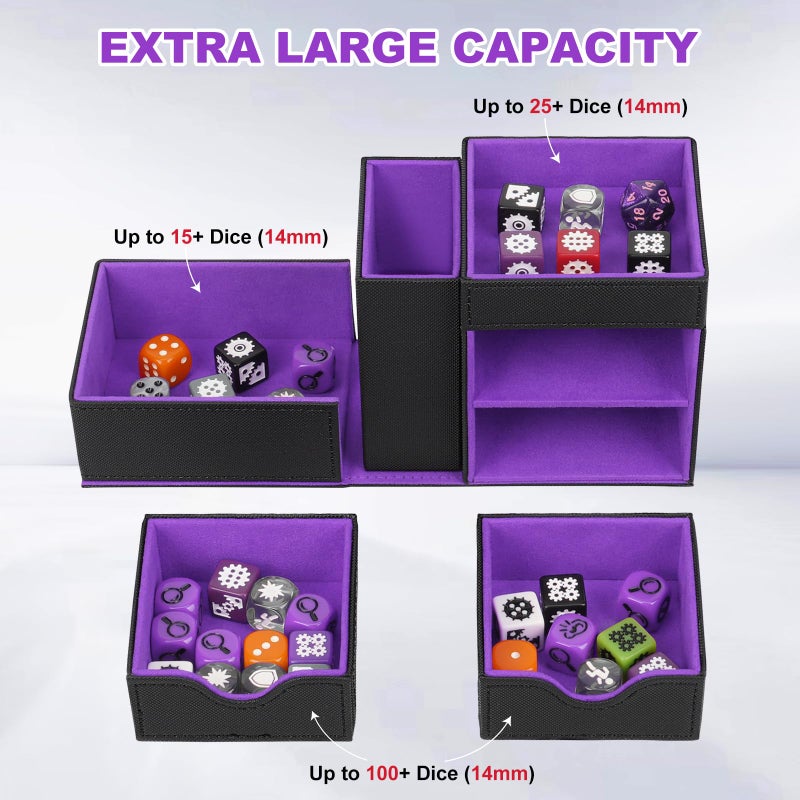Jaffzora Dice Tray & Dice Roller Tower, Magnetic Dice Storage Box for Rolling, 3 in 1 Leather Dice Organizer Holder Fits for Dungeons & Dragons, MTG DM and Player, Black & Purple - Image 3