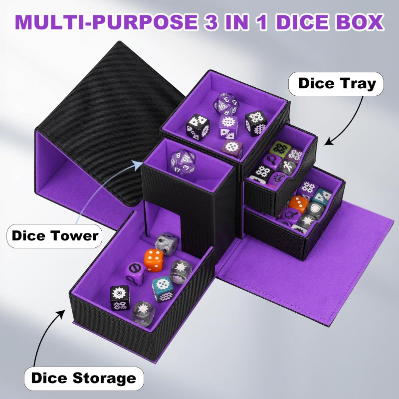 Jaffzora Dice Tray & Dice Roller Tower, Magnetic Dice Storage Box for Rolling, 3 in 1 Leather Dice Organizer Holder Fits for Dungeons & Dragons, MTG DM and Player, Black & Purple - Image 2