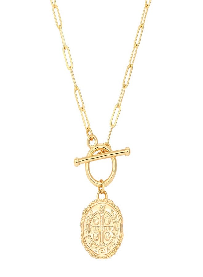 SOFYBJA Saint Benedict Medals Necklace Owl Drop 18K Gold Toggle Medallion Coin Cross Pendant Necklaces Evil Protection Religious Jewelry Catholic Gifts for Men Women, Metal, Turquoise - Image 1