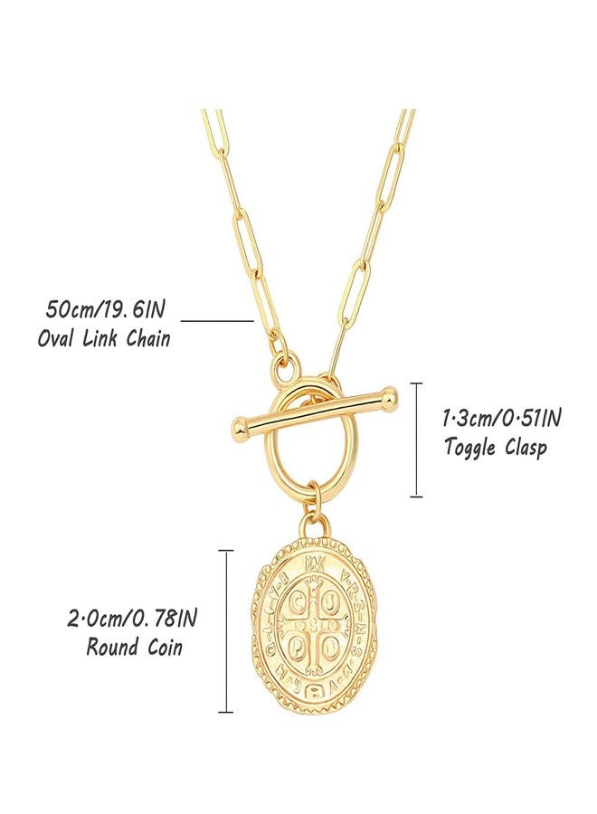 SOFYBJA Saint Benedict Medals Necklace Owl Drop 18K Gold Toggle Medallion Coin Cross Pendant Necklaces Evil Protection Religious Jewelry Catholic Gifts for Men Women, Metal, Turquoise - Image 3