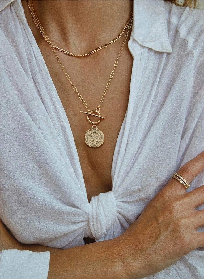 SOFYBJA Saint Benedict Medals Necklace Owl Drop 18K Gold Toggle Medallion Coin Cross Pendant Necklaces Evil Protection Religious Jewelry Catholic Gifts for Men Women, Metal, Turquoise - Image 4