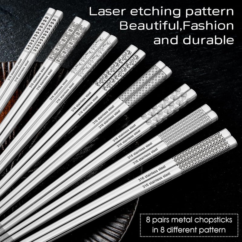 NEWDRIP 8 Pairs Metal Chopsticks Reusable 18/10 Stainless Steel Chopsticks Set Cute Laser Engraved Non-slip Japanese Korean Chinese Chopstick for Cooking Eating Dishwasher Safe 9.25" Chop Sticks Gift Set - Image 2
