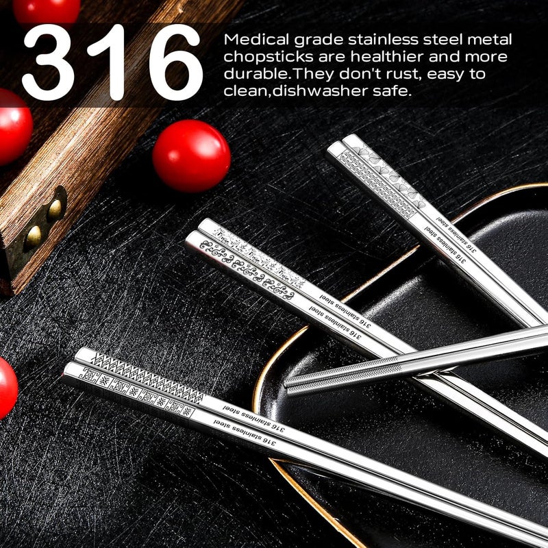 NEWDRIP 8 Pairs Metal Chopsticks Reusable 18/10 Stainless Steel Chopsticks Set Cute Laser Engraved Non-slip Japanese Korean Chinese Chopstick for Cooking Eating Dishwasher Safe 9.25" Chop Sticks Gift Set - Image 4