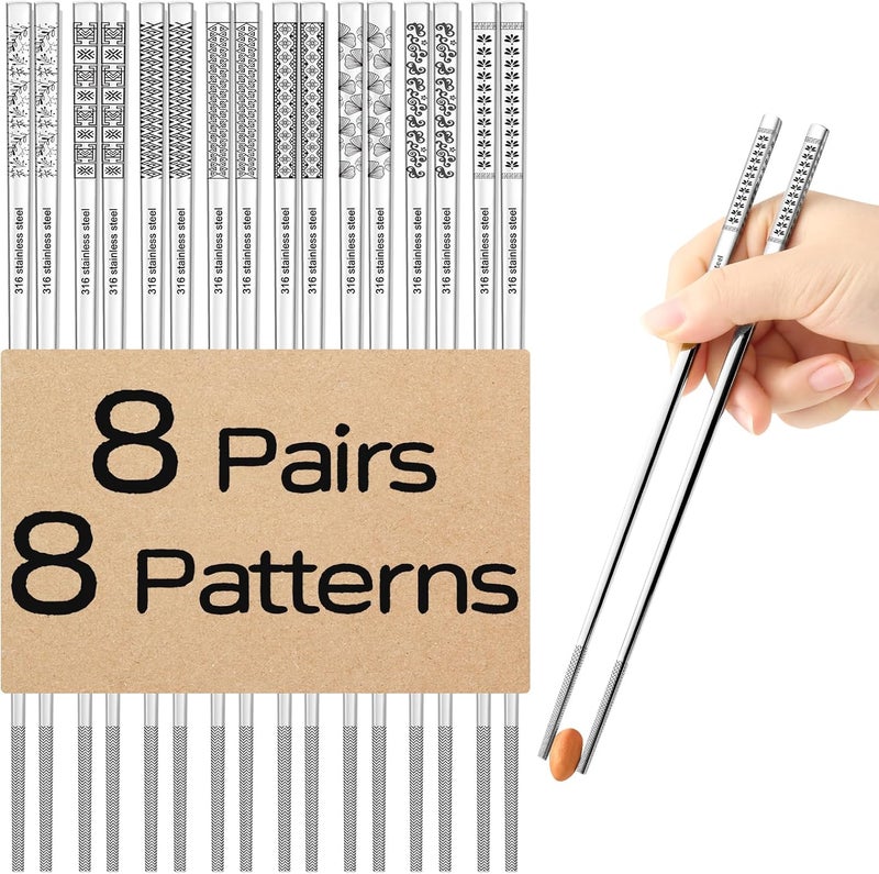 NEWDRIP 8 Pairs Metal Chopsticks Reusable 18/10 Stainless Steel Chopsticks Set Cute Laser Engraved Non-slip Japanese Korean Chinese Chopstick for Cooking Eating Dishwasher Safe 9.25" Chop Sticks Gift Set - Image 1