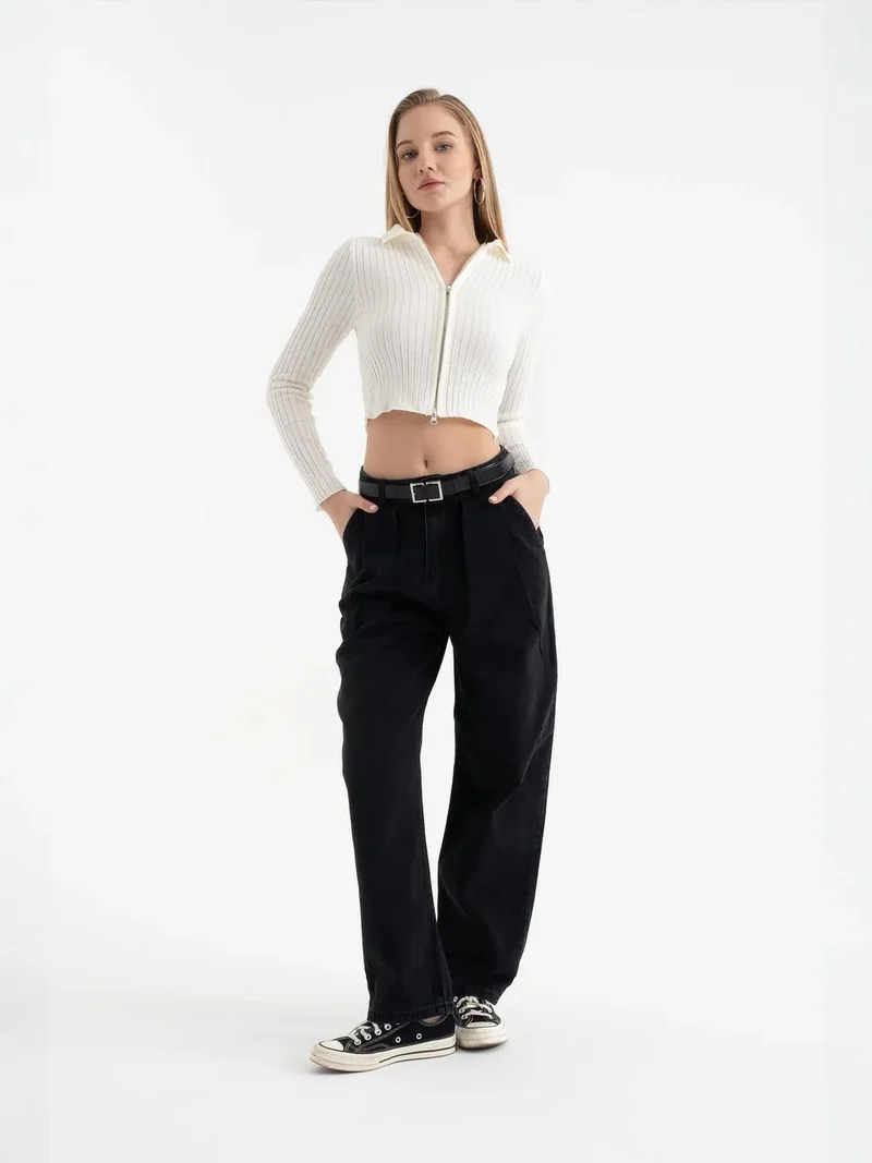 HICCUP Polo Collar Ribbed Zippered Cropped Cardigan