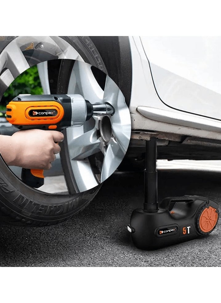 Conpex - CONPEX Floor Jack 6 in 1 Multi-Functional Electric Jack 5 Ton And Electric Impact Wrench Inbuilt Air Compressor Remote Torch Tire Change Kit - Image 1